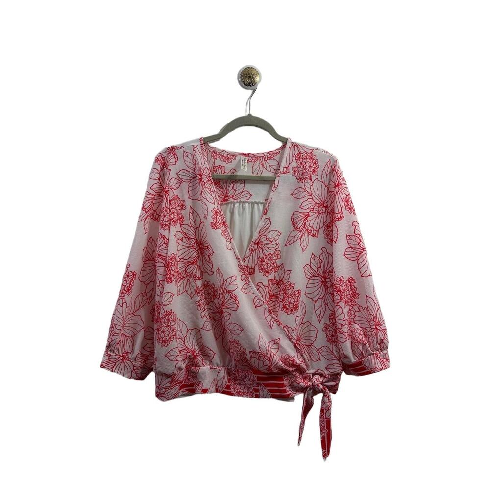 NWT PerSeption Blouse Womens Size XL Floral Wrap 3/4 Sleeves Tie Waist